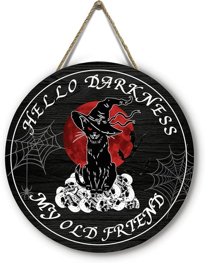 Halloween Black Cat Front Door Signs Hello Darkness My Old Friend Wooden Door Sign Skull Spiderweb Bat Wall Hangers Halloween Door Hanging Decorations for Home Door Porch