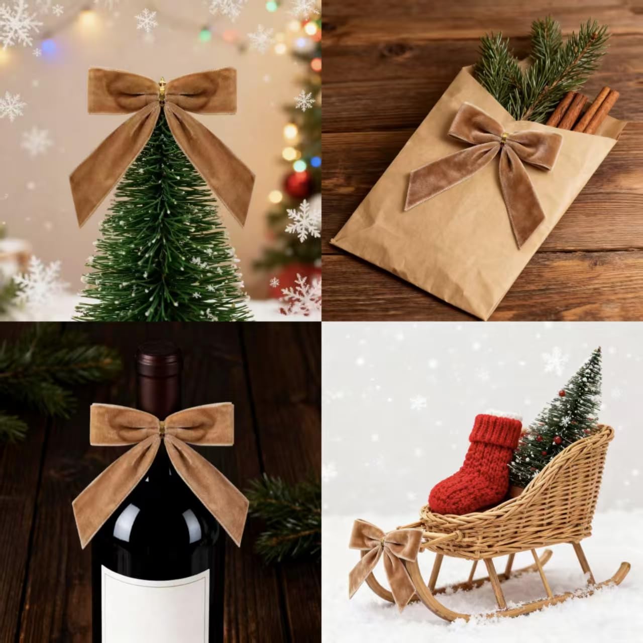Doacpcr 24 Pcs Small Brown Velvet Bows for Valentines Day Decorations, 3.5 Inch Xmas Khaki Velvet Bow Ornaments for Farmhouse Tree Wreath Garland DIY Craft Gift Wrapping
