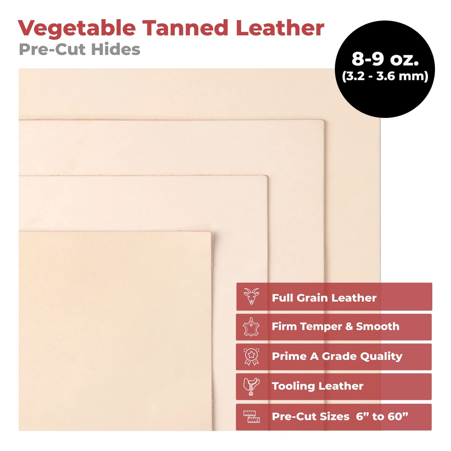 ELW Vegetable Tanned Leather 8-9 Oz. (3.2-3.6mm) Thickness | Pre-Cut 6"x12" | Tooling Leather Cowhide - Full Grain Leather Good for Crafting, Saddlery, Home Decor, Holsters, Knife Sheaths, Stamping