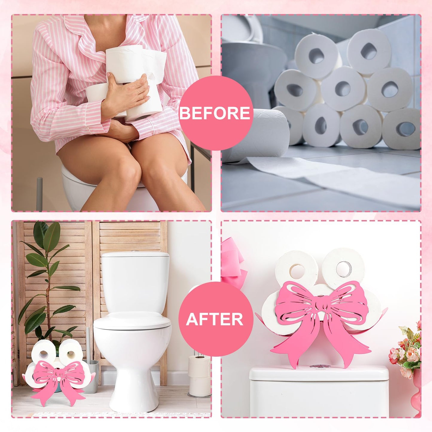 Geelin Bow Metal Toilet Paper Storage Holder Wedding Bow Bathroom Decor 8 Rolls Decorative Toilets Paper Holder Wall Mounted for Bathroom Kitchen Bedroom Coquette Home Decor(Pink)