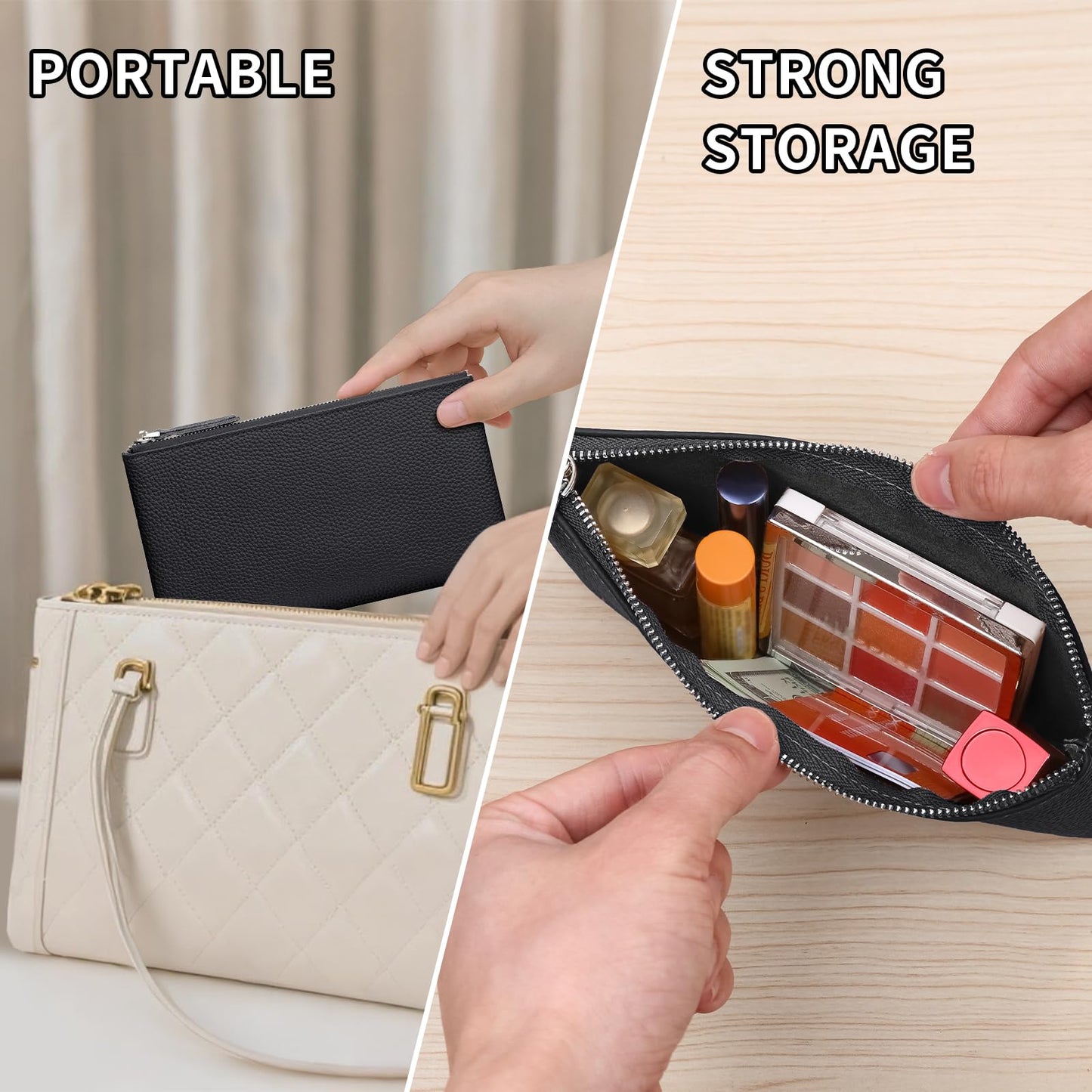 Genuine Leather Zipper Purse, Travel Makeup Bag With Zipper for Men Women Coin Bag Lipstick Cosmetic Accessories Organizer, Travel Kit Storage Pouch (Black)
