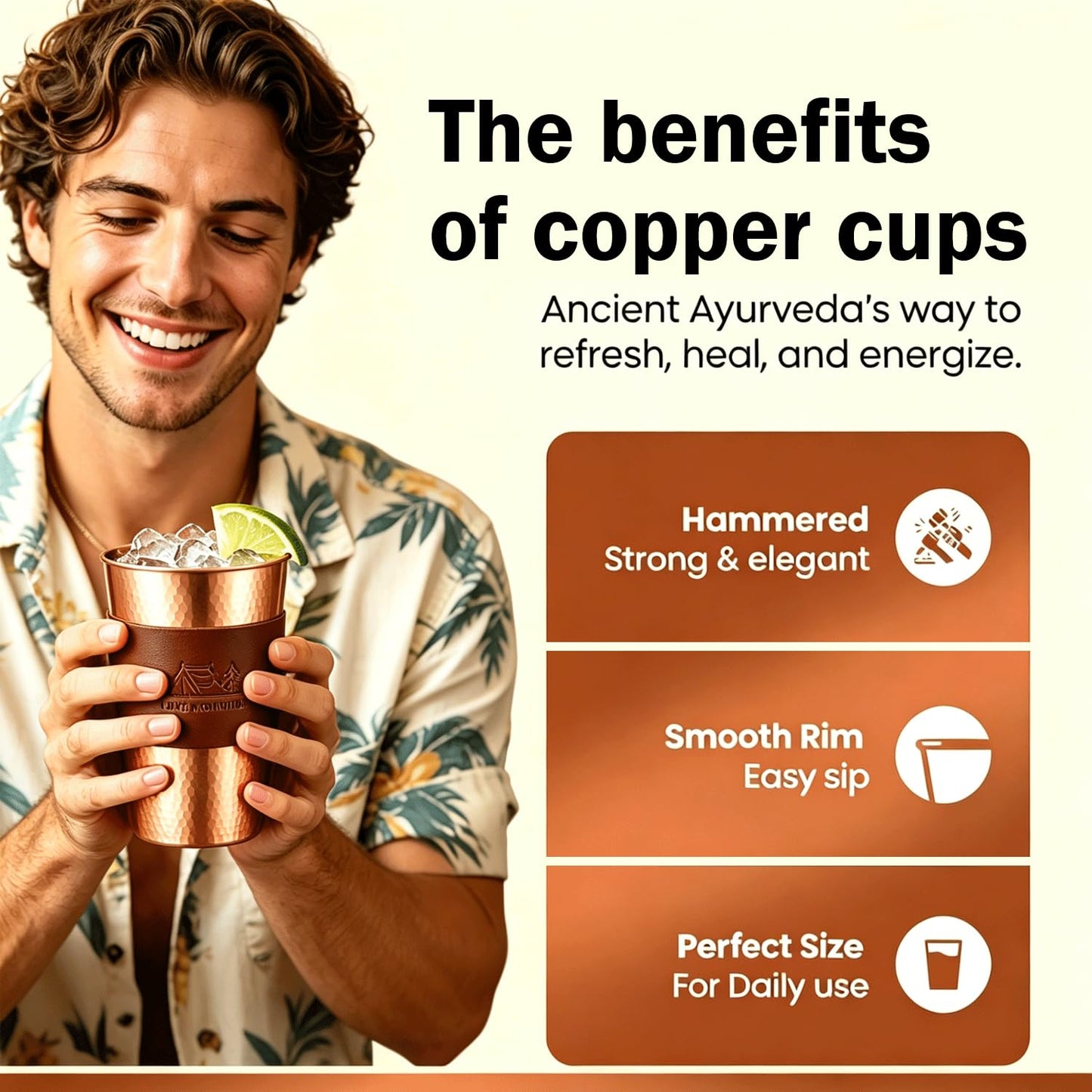 13.5 oz Copper Cups - Hammered Ayurvedic Pure Copper Drinking Cups with Heat-Resistant Leather Sleeves - Promote Detoxification and Maintain Health, Suitable for Yoga, Meditation or Camping. (3)