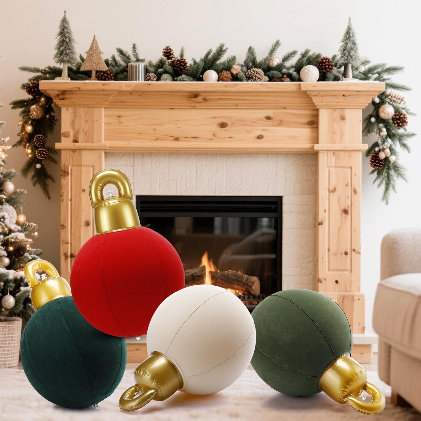 Jetec 8 Pcs Velvet Christmas Inflatable Ball Giant PVC Inflatable Flocked Christmas Balls Ornament Large Xmas Outdoor Decorations for Yard Lawn Porch Garden Front Door Window(12 Inch,Red, Green)