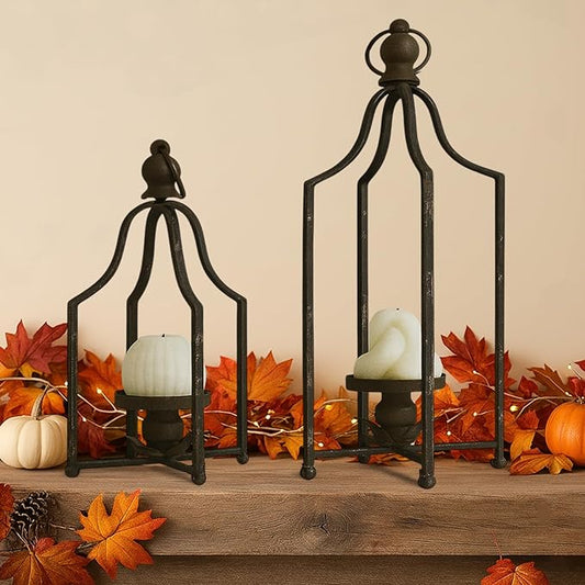 12.5" & 16.5" Timeless Cozy Decorative Lanterns Set of 2, Handcrafted Metal Iron Candle Holders, Farmhouse Elegance Fireplace Mantel Table Festive Gatherings Decor
