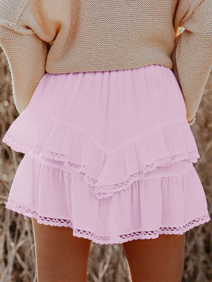 Aoudery Flowy Shorts for Women Casual Boho Ruffle Tiered Skorts High Waist Mini Skirts Golf Tennis Butterfly Crochet Shorts - All Sakura Pink XL