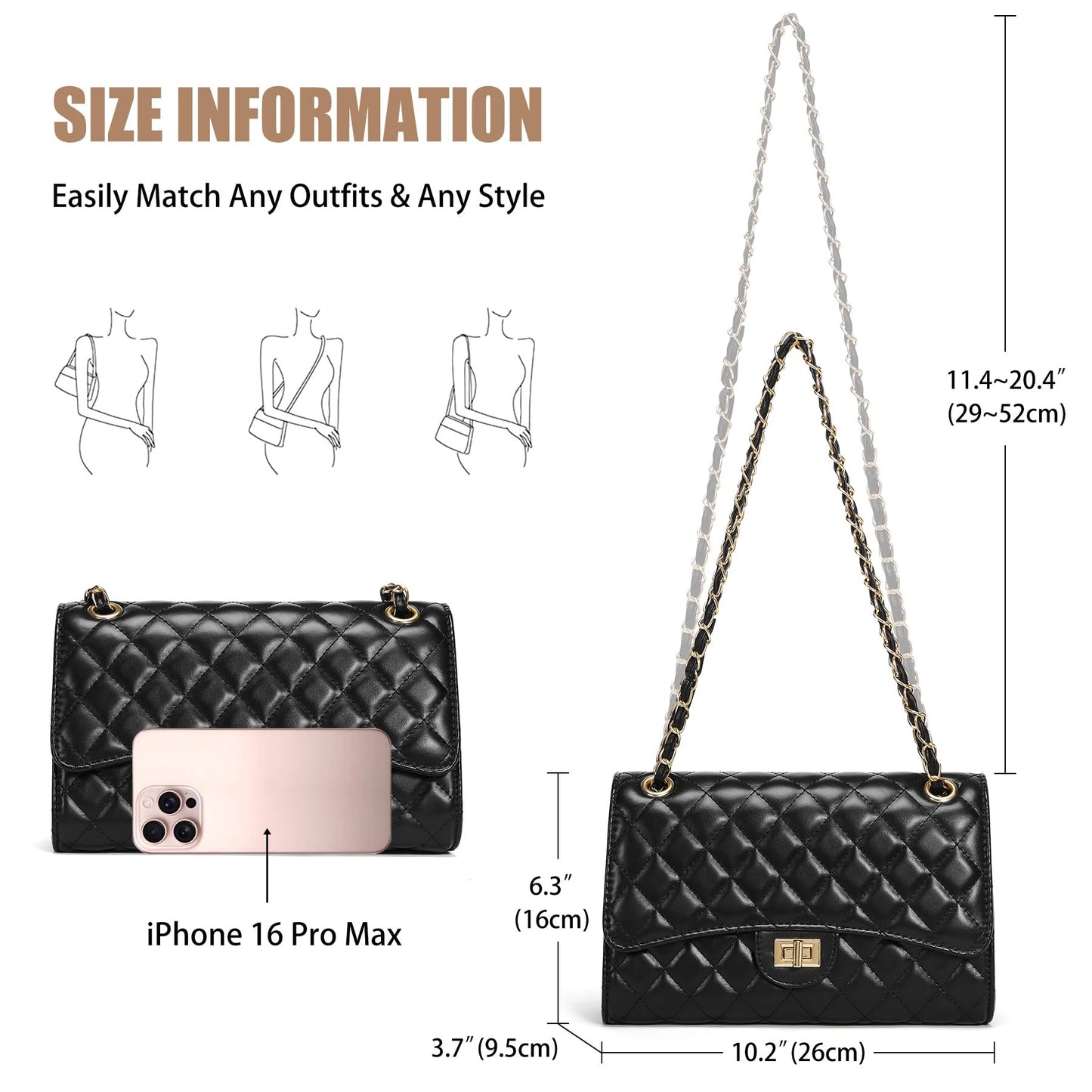 Quilted Crossbody Purse for Women Trendy Ladies Shoulder Bag with Chain Strap PU Leather Cross Body Bags Satchel HandBag,Black