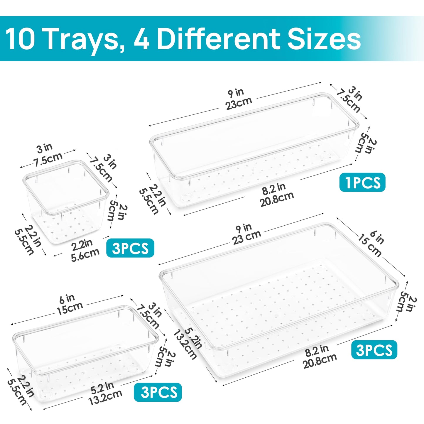 Vtopmart 10 Pcs Makeup Drawer Organizer Bins Set, 4 Size Plastic Makeup and Vanity Organizer Trays, Clear Acrylic Vanity Storage Containers for Cosmetics, Toiletries, Jewelry, Gadgets, Office Supply