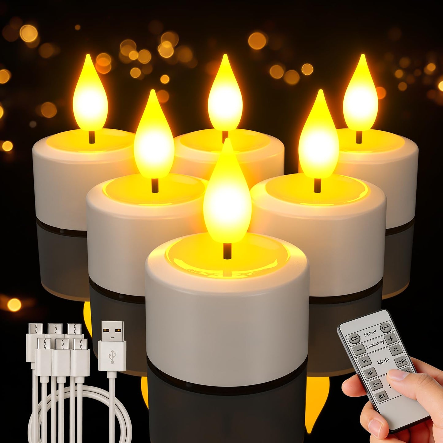 PChero Rechargeable Flameless Candles with Remote Timer, Battery Operated Tea Lights Candles, LED Flickering Tealights Candles for Home Wedding Halloween Fall Christmas Decor, 6 Pack
