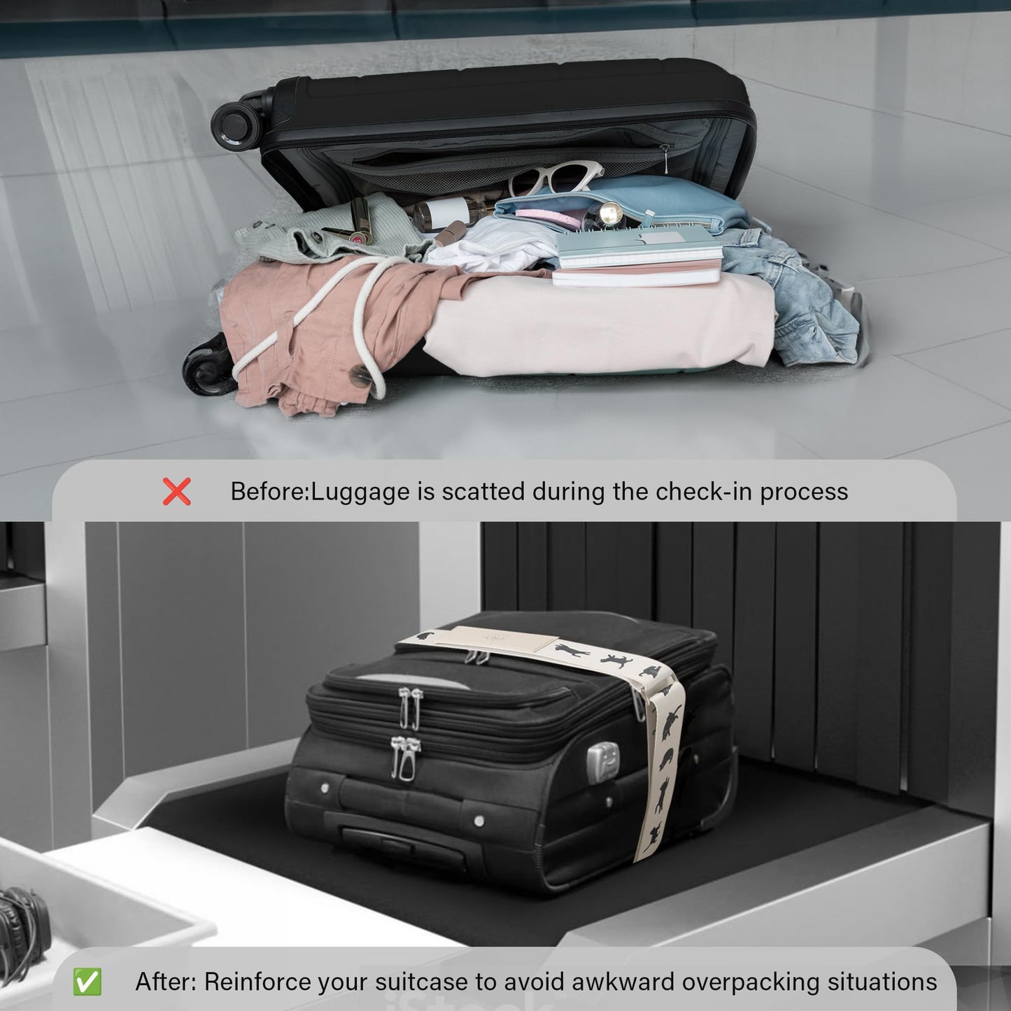 Luggage Straps for Suitcases,Adjustable Luggage Elastic Belt, Travel Essentials for Airport,Station, Vibrant Designs, White Cat