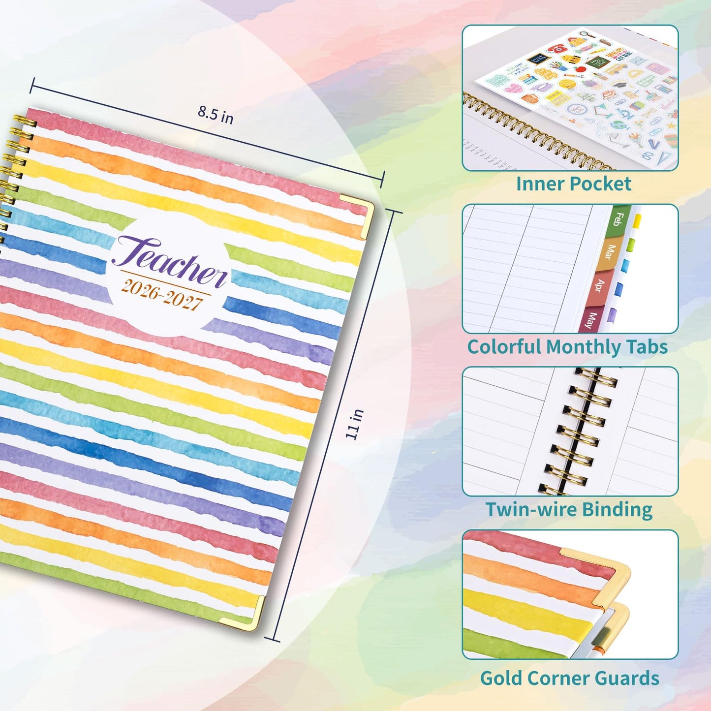 Teacher Planner 2026-2027, July 2026 to June 2027 Academic Year, 8.5" x 11" Lesson Planner Book for Teachers with Colorful Tabs, Hardcover, Color Stripe