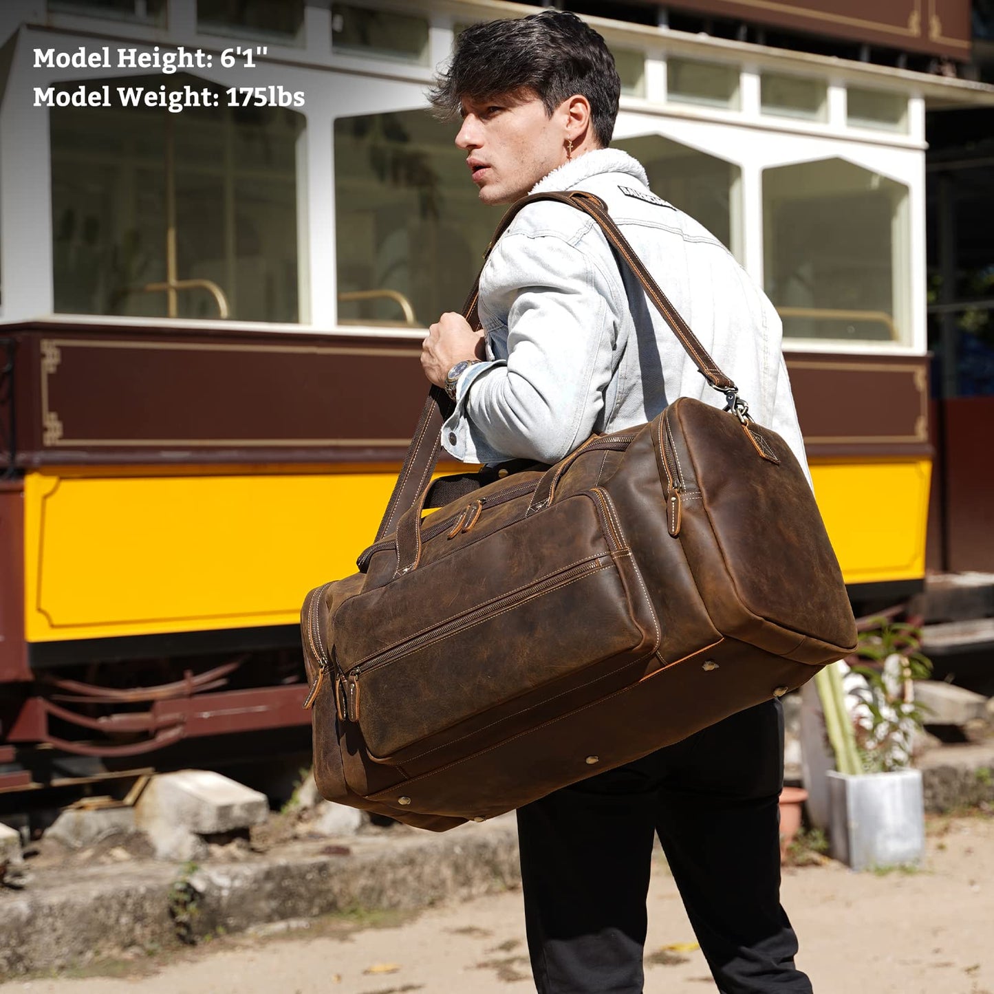 Polare 26" Full Grain Cowhide Leather Gym Duffle Weekender Overnight Travel Duffel Bag For Men 62L