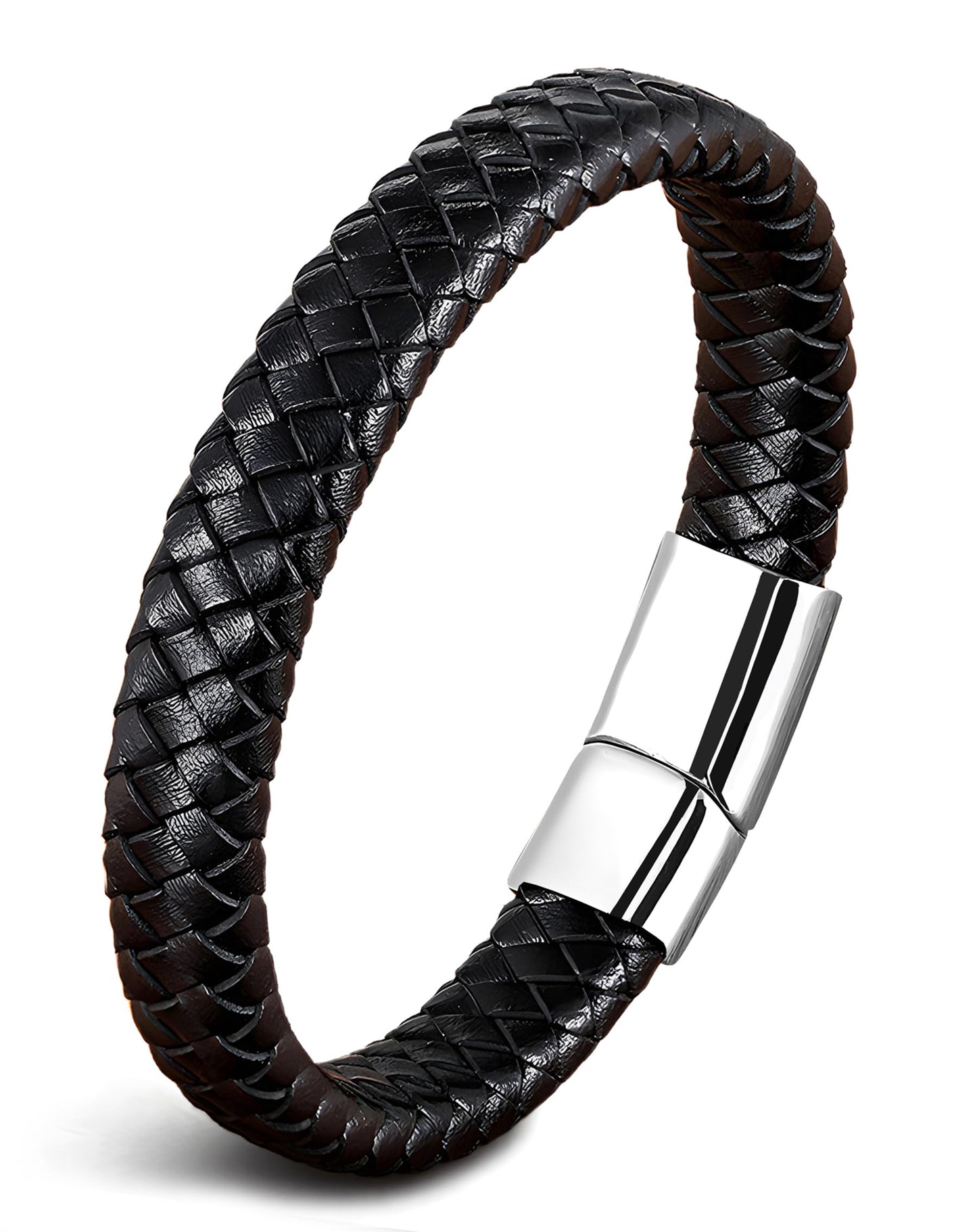 Deerllia Leather Bracelet for Men, Braided Cuff with Stainless Steel Clasp Stacked Multi Style Color Anniversary Father's Day Birthday Christmas Jewelry Gifts for Him, Silver Clasp Black Leather