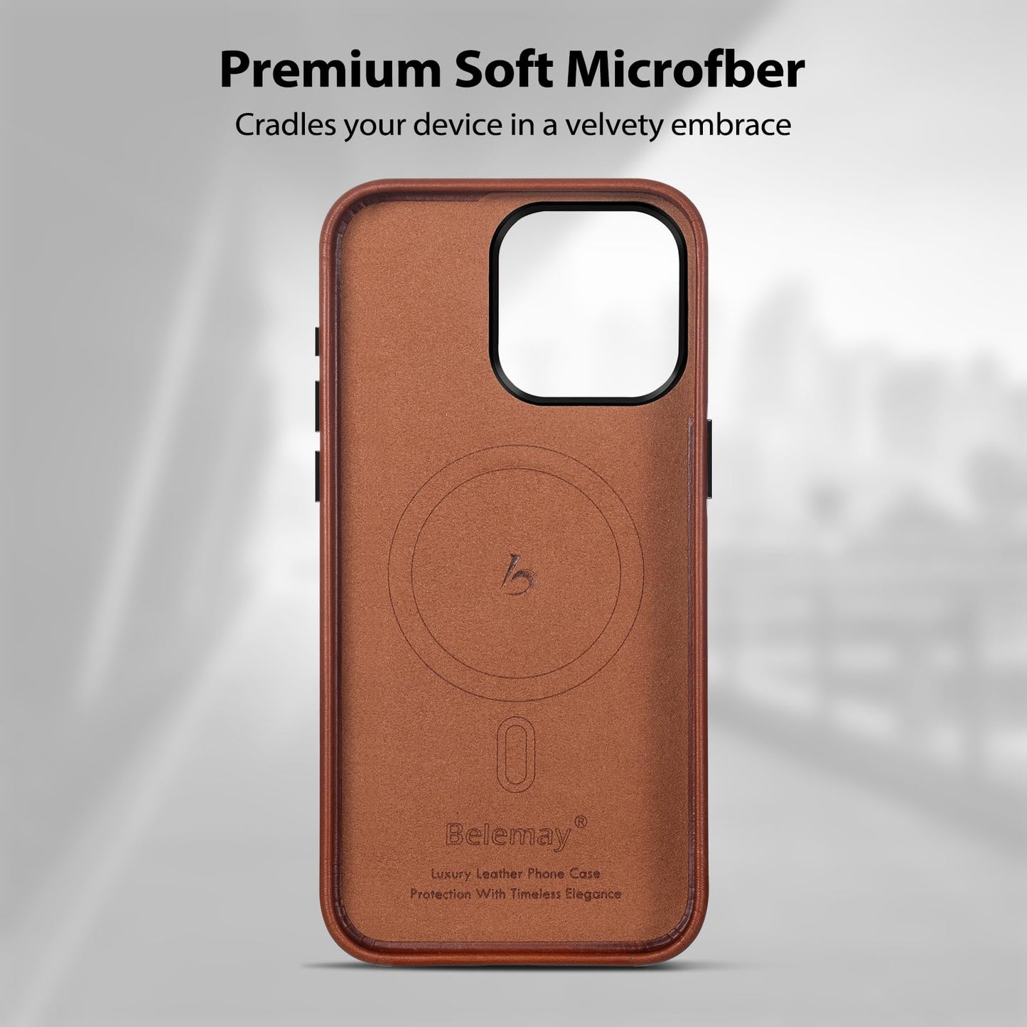 Belemay for iPhone 13 Pro Max Leather Case Compatible with MagSafe, Full-Grain Vegetable-Tanned Leather, Metal Buttons & Camera Bezel - Slim Fit&Sleek- Luxury Phone Cover (6.7-inch)-Saddle Brown