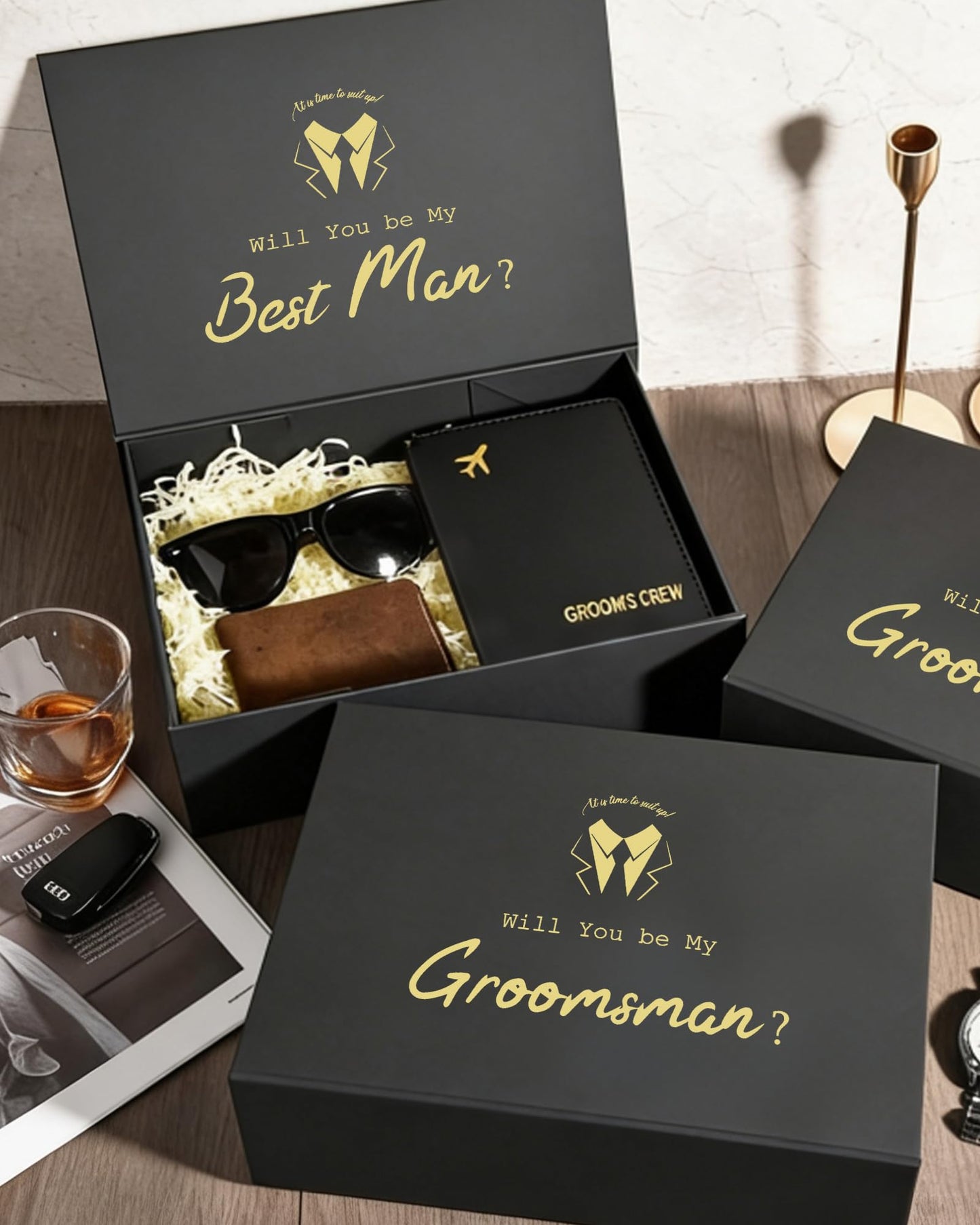 Groomsmen Gifts Passport Holders - Groom's Crew Gold Hot Stamping | PU Leather Travel Wallet | Bachelor Party Proposal Gift for Groomsman
