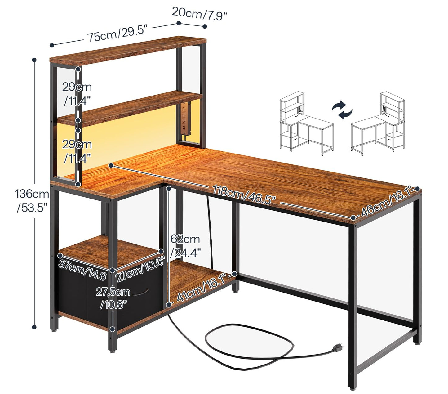 HOOBRO L Shaped Gaming Desk, 46 Inch Reversible Computer Desk with LED Light & Power Outlet, Office Desk with Storage Shelves & Drawer, for Home Office, Study, Rustic Brown and Black BF18UDDN01