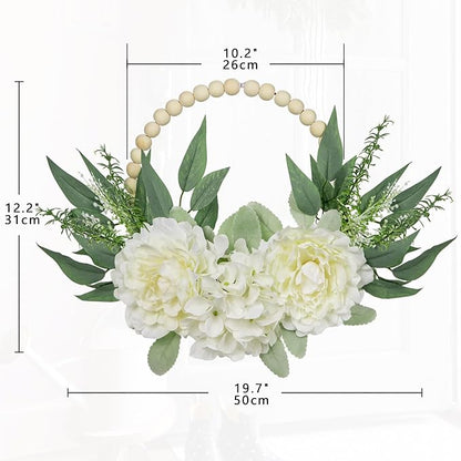 Spring Wreaths for Front Door 10" Artificial Floral Wood Bead Wreaths Eucalyptus Leaves Peony Hydrangea Wreaths for Front Door Boho Farmhouse Wall Decor 2 Pack - White