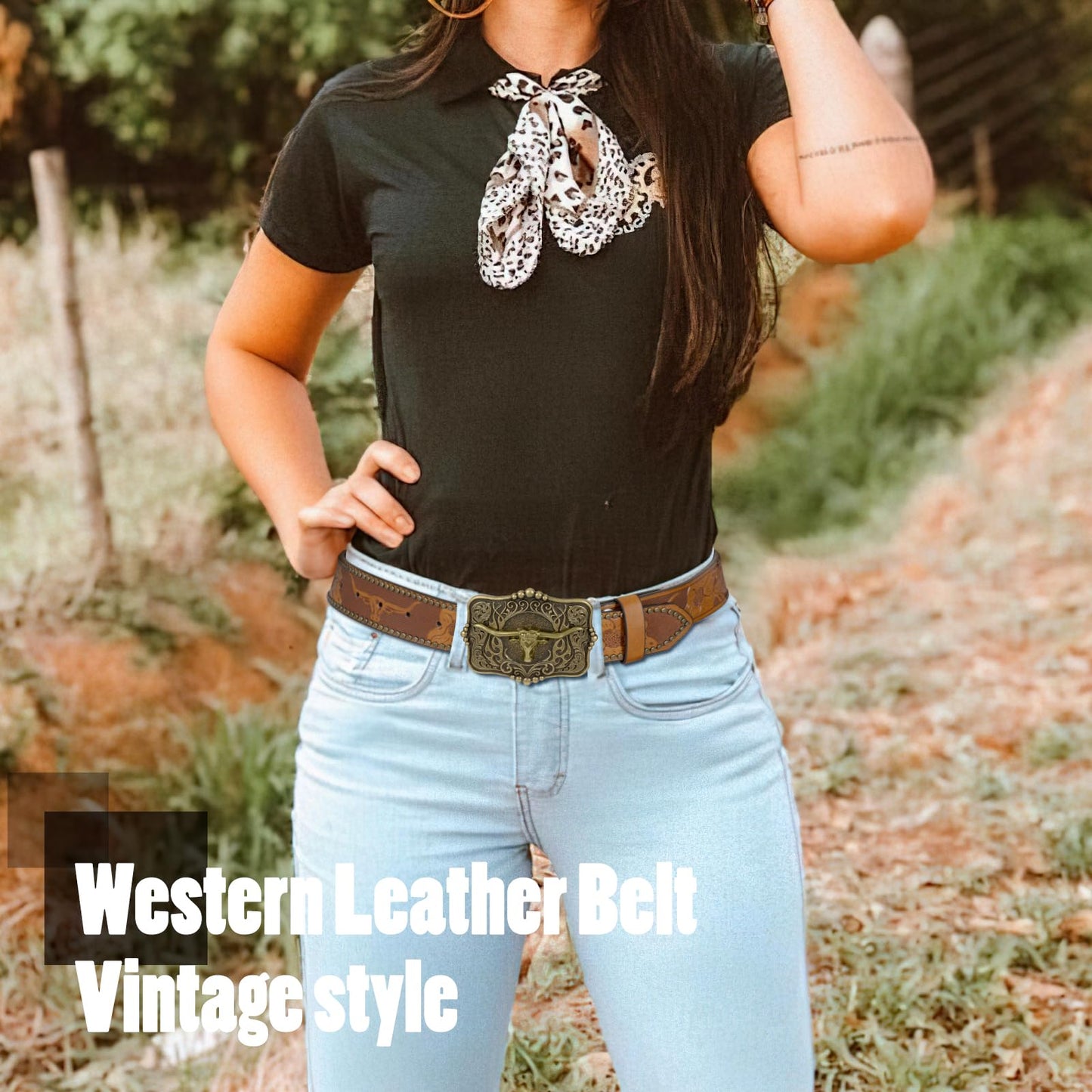 SUOSDEY Women Western Leather Belt, Cowboy Cowgirl Belt for Jeans Pants Longhorn Bull Big Buckle Belt brown