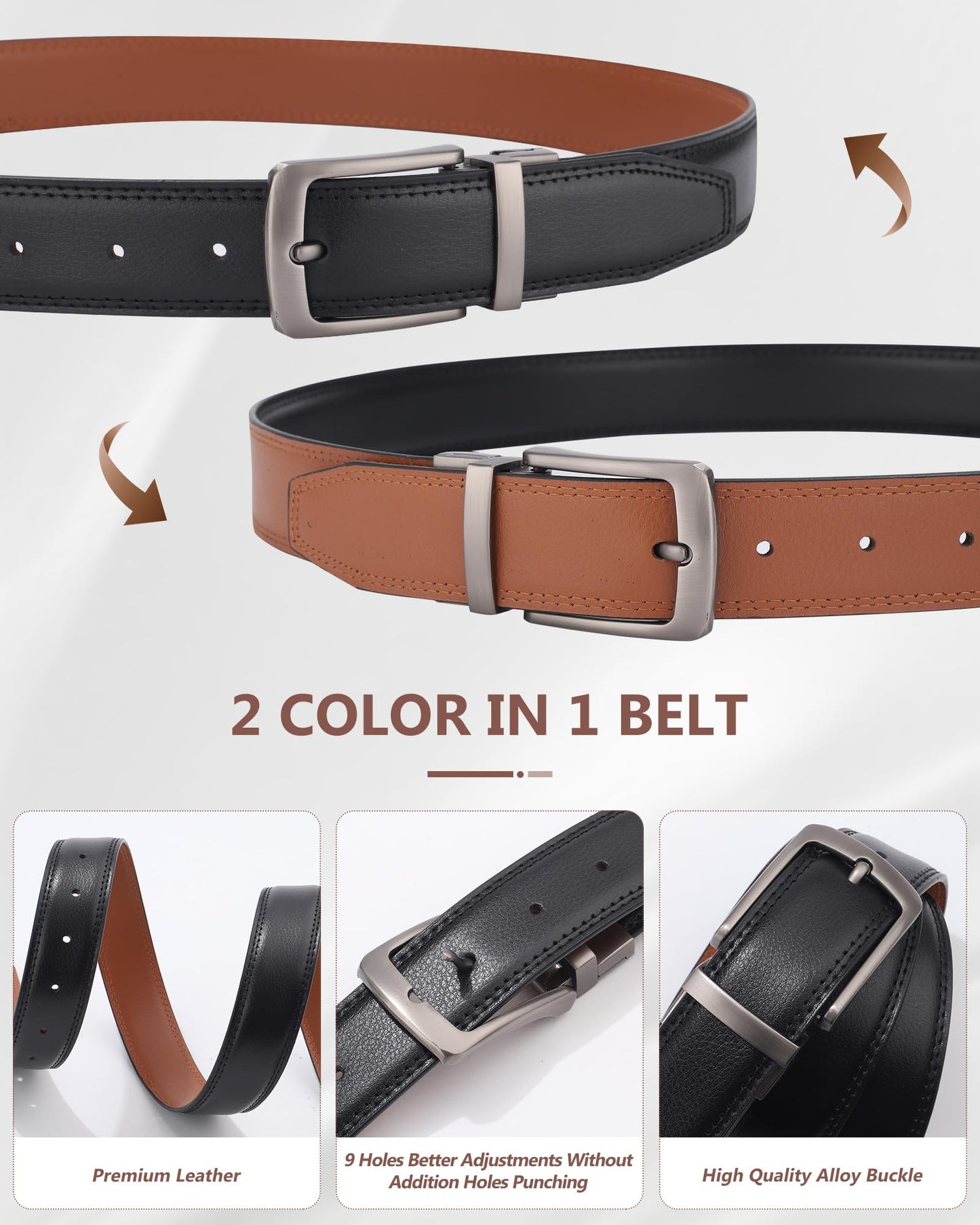AWAYTR Men Reversible Leather Belt - 1.33'' Wide Genuine Leather Dress Belt for Casual and Business Wear, Grey Buckle, Black/Brown,Fit Waist 36''-38''