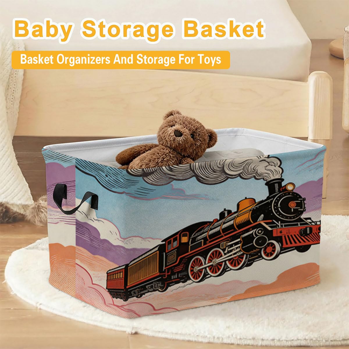 Train Laundry Hamper with Handles,Large 56L Foldable Square Clothes Basket Multi‑Use Blanket Storage Bins for Organizing Books,Toys,Gifts,Room Decoration,Laundry Room,Dorm Nursery