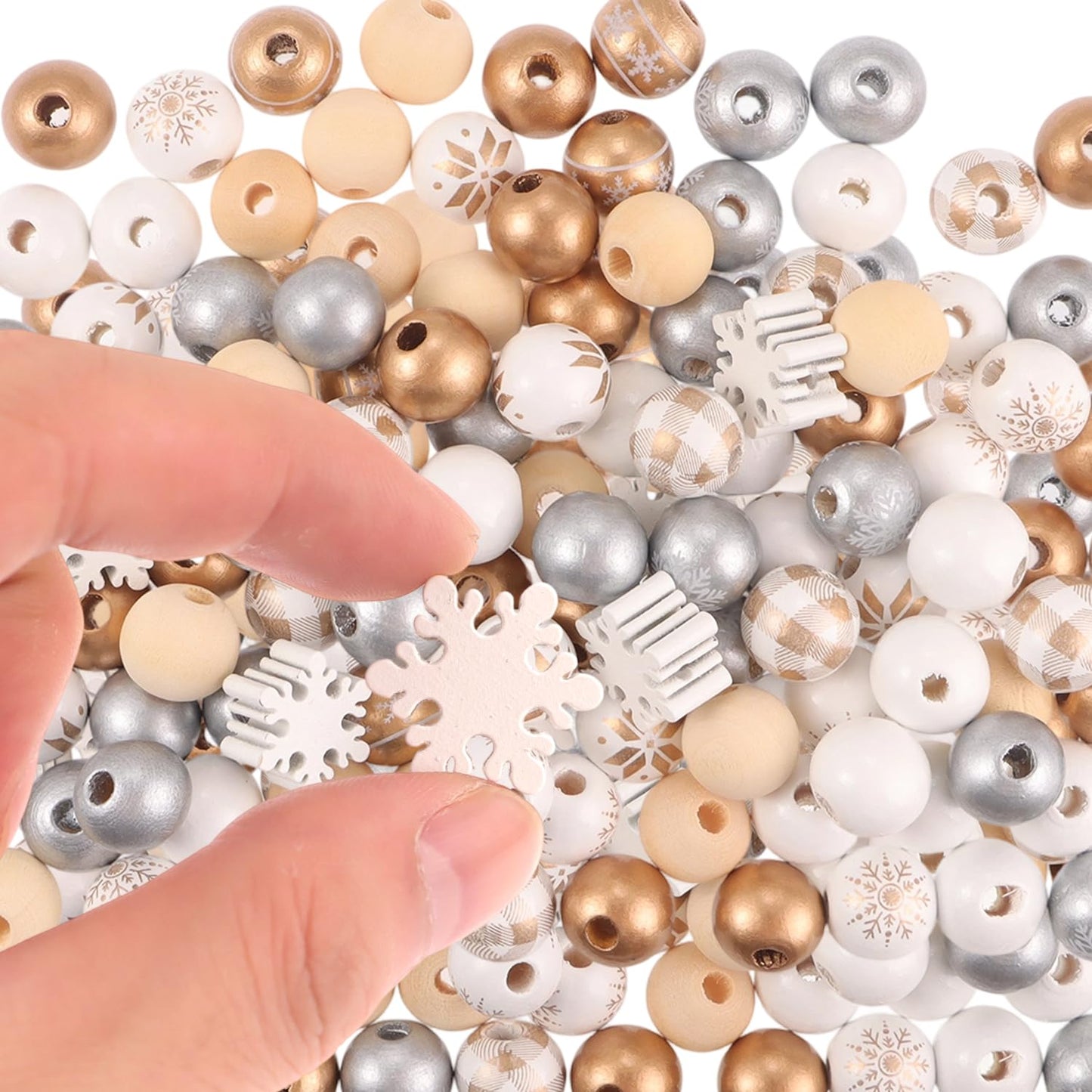 210 Pcs Golden Wood Beads Winter Gold Silver White Snowflake Wooden Craft Beads Bulk for Xmas DIY Garland Necklace Bracelet Jewelry Making Home Decor