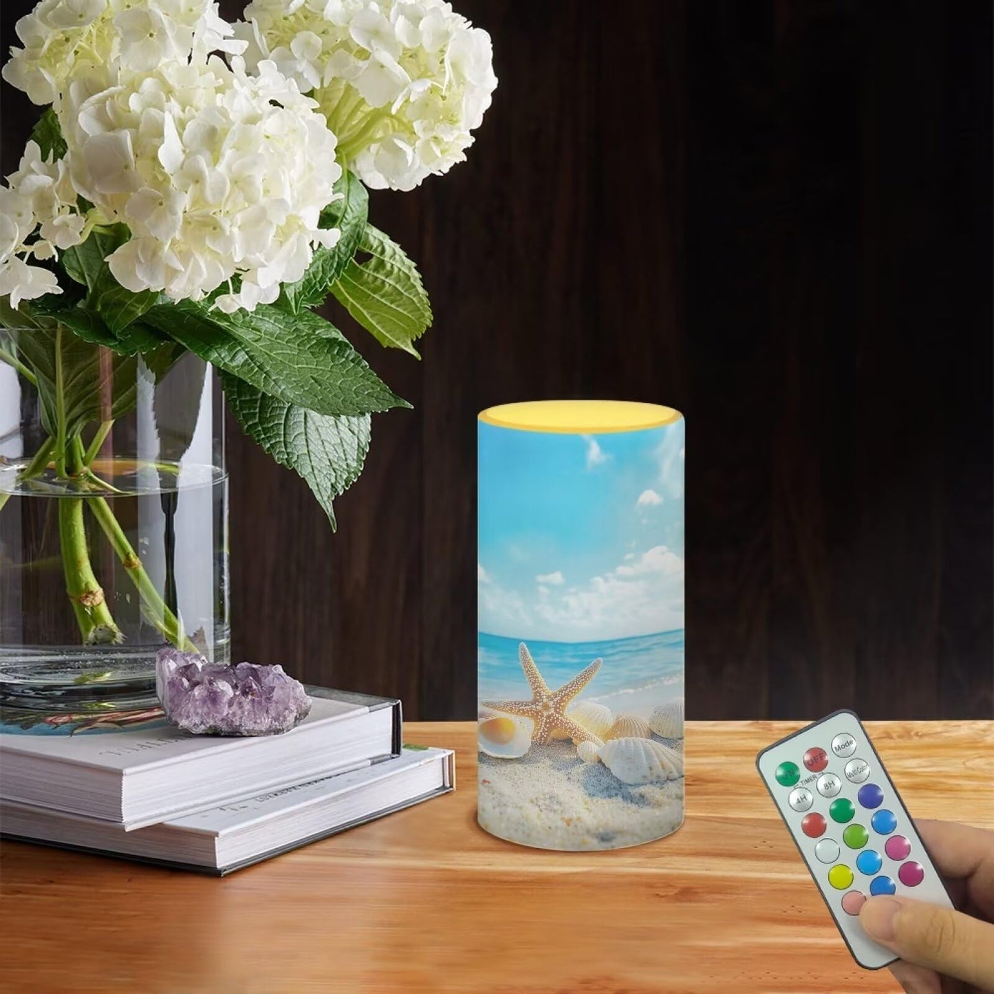Poceacles Beach Starfish Seashell Blue Sky LED Flameless Candles Battery Operated Candles with Remote Control Timer Flickering Wick Pillar Candles for Coastal Home Bathroom Outdoor Decor