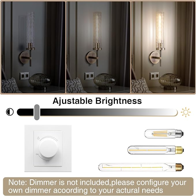 Brass Sconces Wall Lighting 19.48" with Rippled Glass Shade, Solid Knurled Brass Wall Sconces, Vintage Industrial Sconce Lamps for Bedroom Bathroom Entryway & Staircase Mirror Decor(Including Bulb)