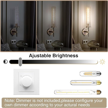 Brass Sconces Wall Lighting 19.48" with Rippled Glass Shade, Solid Knurled Brass Wall Sconces, Vintage Industrial Sconce Lamps for Bedroom Bathroom Entryway & Staircase Mirror Decor(Including Bulb)