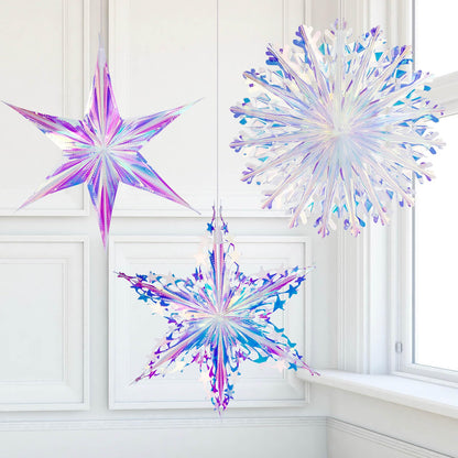 Vomika 3Pcs Iridescent Snowflakes Hexagram Stars Hanging Ornaments