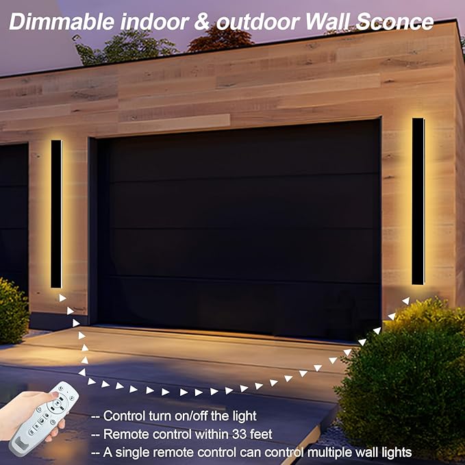 2 Pack 31 inch Modern Outdoor Wall Light with Remote Control, 2700K-6500K Dimmable Exterior Wall Sconce IP65 Waterproof Porch Wall Light Fixture for Patio Garage Hallway