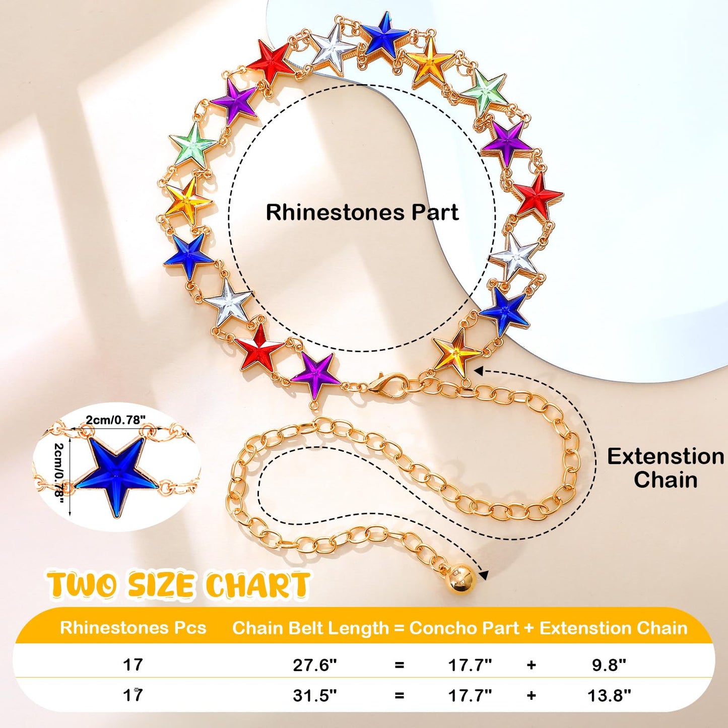 JKEEMI Girls Belt Gold Chain, Kids Adjustable Colorful Rhinestone Metal Waist Chain Belts for Girl Dresses Jeans Gifts