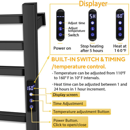 Towel Warmer Rack for Bathroom with Timer/Fahrenheit Temperature Control Wall Mounted Electric Heated 10 Bar Rail Plug-in or Hardwired Keep Bath Shower Towel Warming (Brushed Gold)