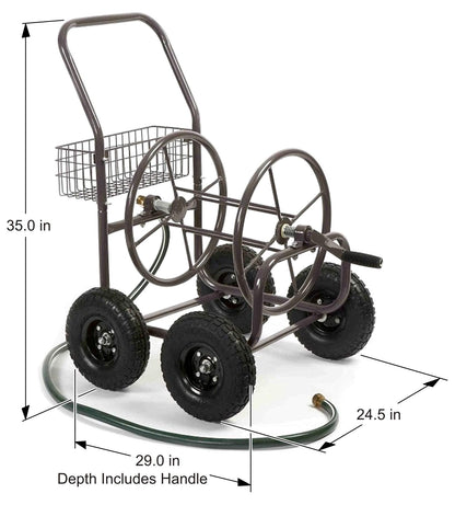 Liberty Garden Residential Grade Four Wheel 250 Foot Capacity Steel Frame Water Hose Reel Cart with Basket for Backyard, Garden, or Home, Brown, Bronze