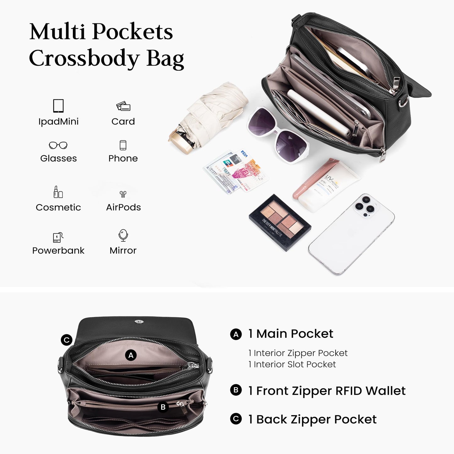 befen Black Genuine Leather Crossbody Bags for Women Medium Womens Saddle Bag Cross Body Purse with Built in RFID Blocking Wallet