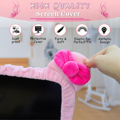 Kakurookie 23'' - 34'' Computer Monitor Protective Cover with Cat Ear Design, Cute Monitor Dust Cover with Furry Design, Elastic Dustproof, Suitable for PC, Tablet, TV