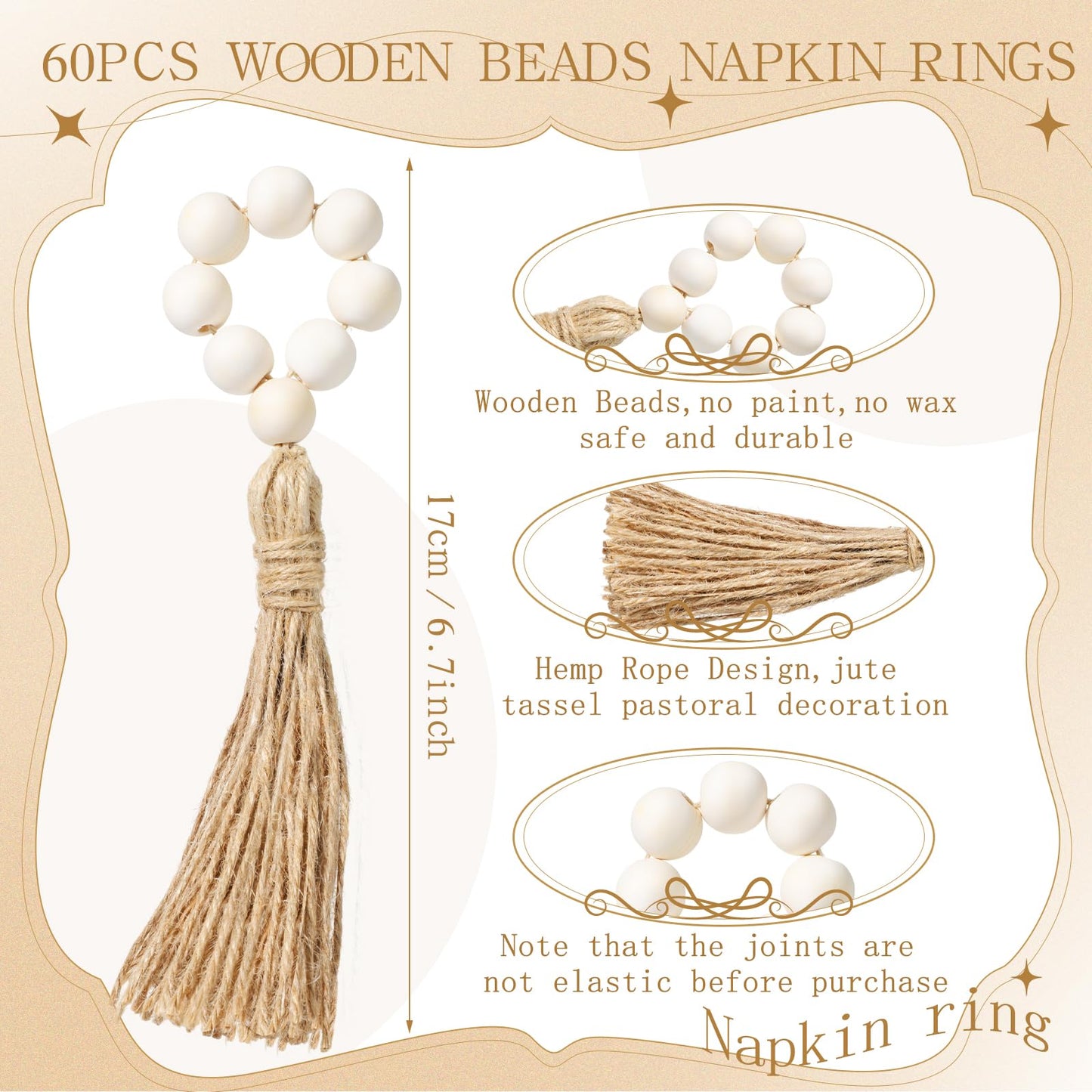 Maxcheck 60 Pcs 60 Pcs Wood Bead Napkin Rings with Tassel Handmade Wooden Farmhouse Napkin Ring Holders for Tabletop Dining Party Wedding Gathering Home Decoration (Rustic)