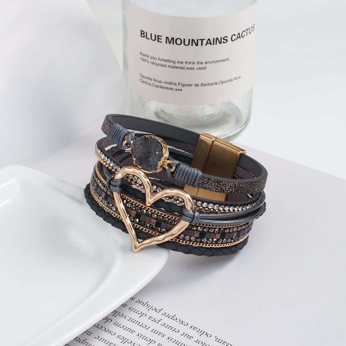 hotoo Leather Wrap Bracelet for Women Gray Beaded Cuff Bracelet with Heart-shape Decor Bohemian Crystal Bracelet Jewelry with Clasp Bangle Bracelet for Women Birthday Holiday Gift