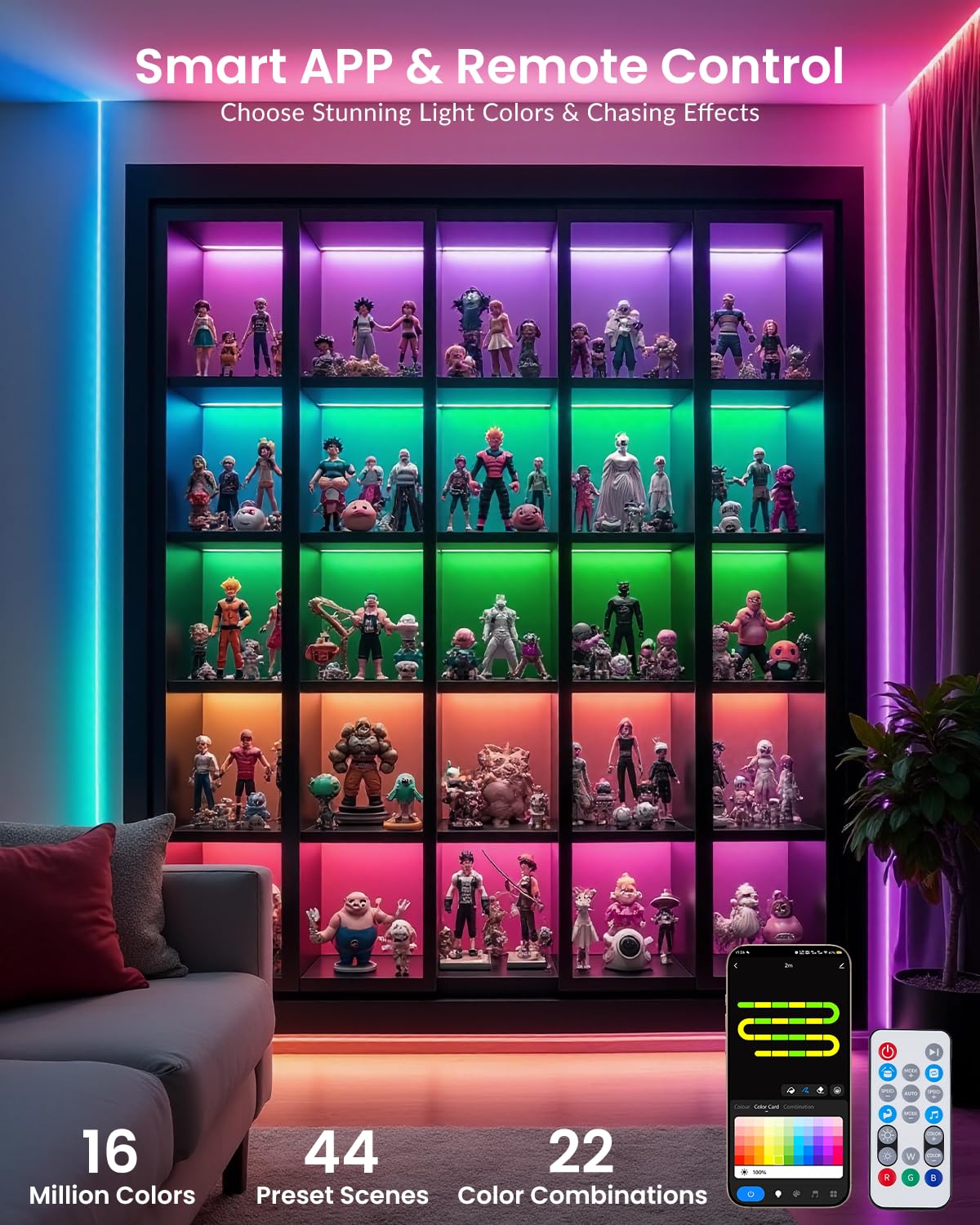 Pak LED Lights for Bedroom, 32.8ft(2 Rolls of 16.4ft) Smart RGB+IC LED Strip Lights with App/Remote Control, Music Sync Color Changing Flexible LED Lights with 64 Scene Modes for Party, Home, Gaming