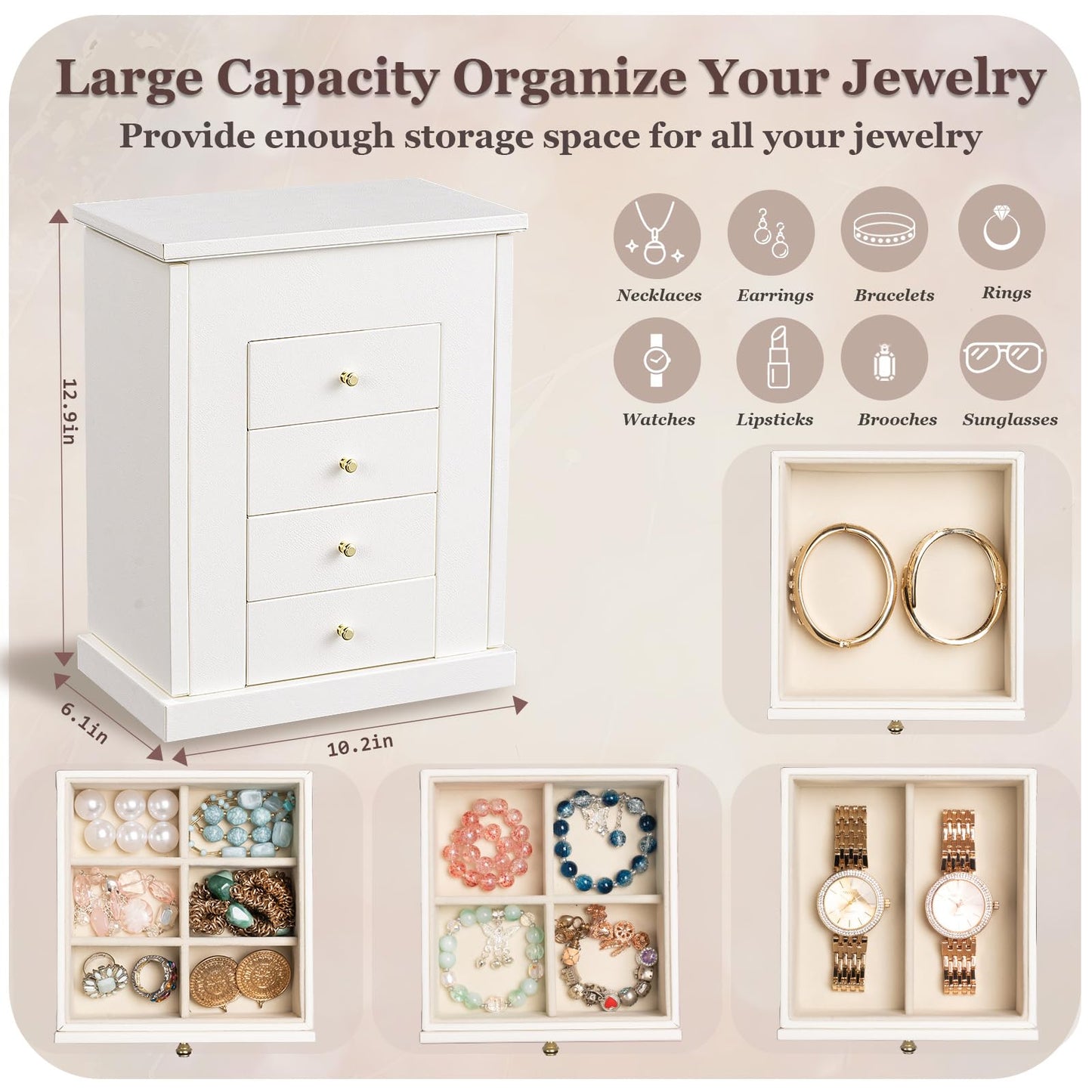 Emfogo Jewelry Boxes for Women, 5-Layer Large Leather Jewelry Organizer Box with Mirror and Drawers, Jewelry Storage for Necklaces Earrings Rings Bracelets (White)