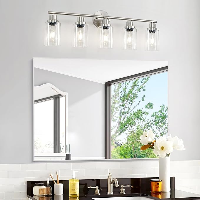 5-Light Bathroom Vanity Lights, E26 Modern Brushed Nickel Bathroom Light Fixtures with Clear Glass Shade, Mirror Kitchen Hallway Cabinet Living Room Sconces Wall Lights
