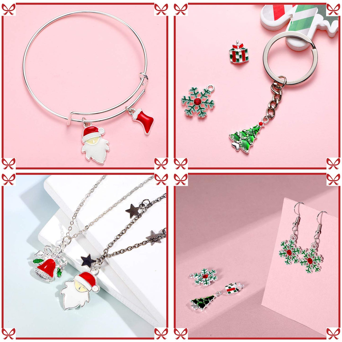 Hicarer 56 Pieces Christmas Charms Pendants Christmas Tree Snowflake Bell Garland Santa Sock Gift Box Pendants for Necklace Bracelet Keychain Jewelry Making DIY Crafts