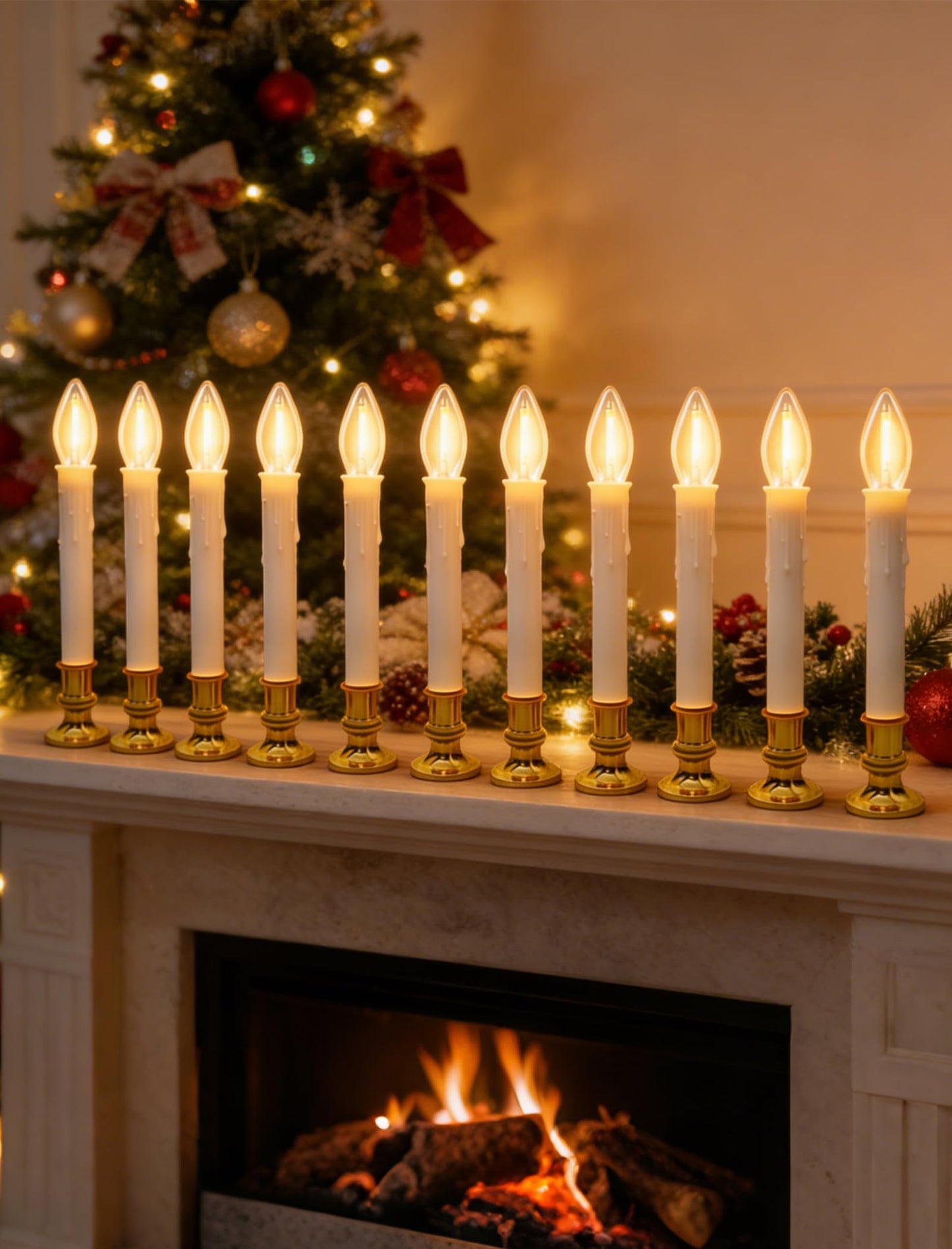 10 Pack Battery Operated Window Candles, Flameless Christmas Electric Candle with 6/18H Timer, Gold Base with Suction Cups, Warm White LED Lights for Xmas Wedding Holiday Indoor Table Window Decor