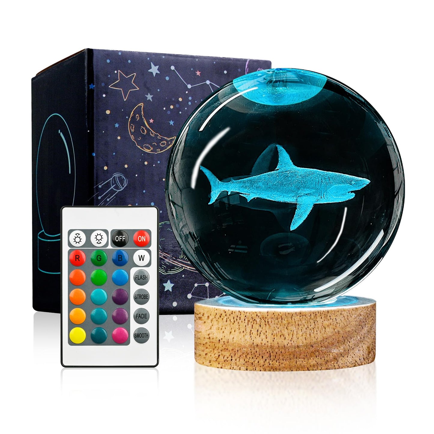 YYLZEPHB 3D Crystal Ball Night Light with Wooden Base, 3.15" Shark Glass Ball Lamp, 16 Colors, Remote Control, Cool Desk Decor