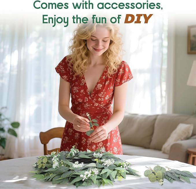 24" Wreaths Front Door Artificial Spring Wreath - Artificial Floral Lush Summer Wreath with A Hook & DIY Decor Green Year-Round Indoor Outdoor for Wall, Home, Wedding, Party, Christmas (Green)