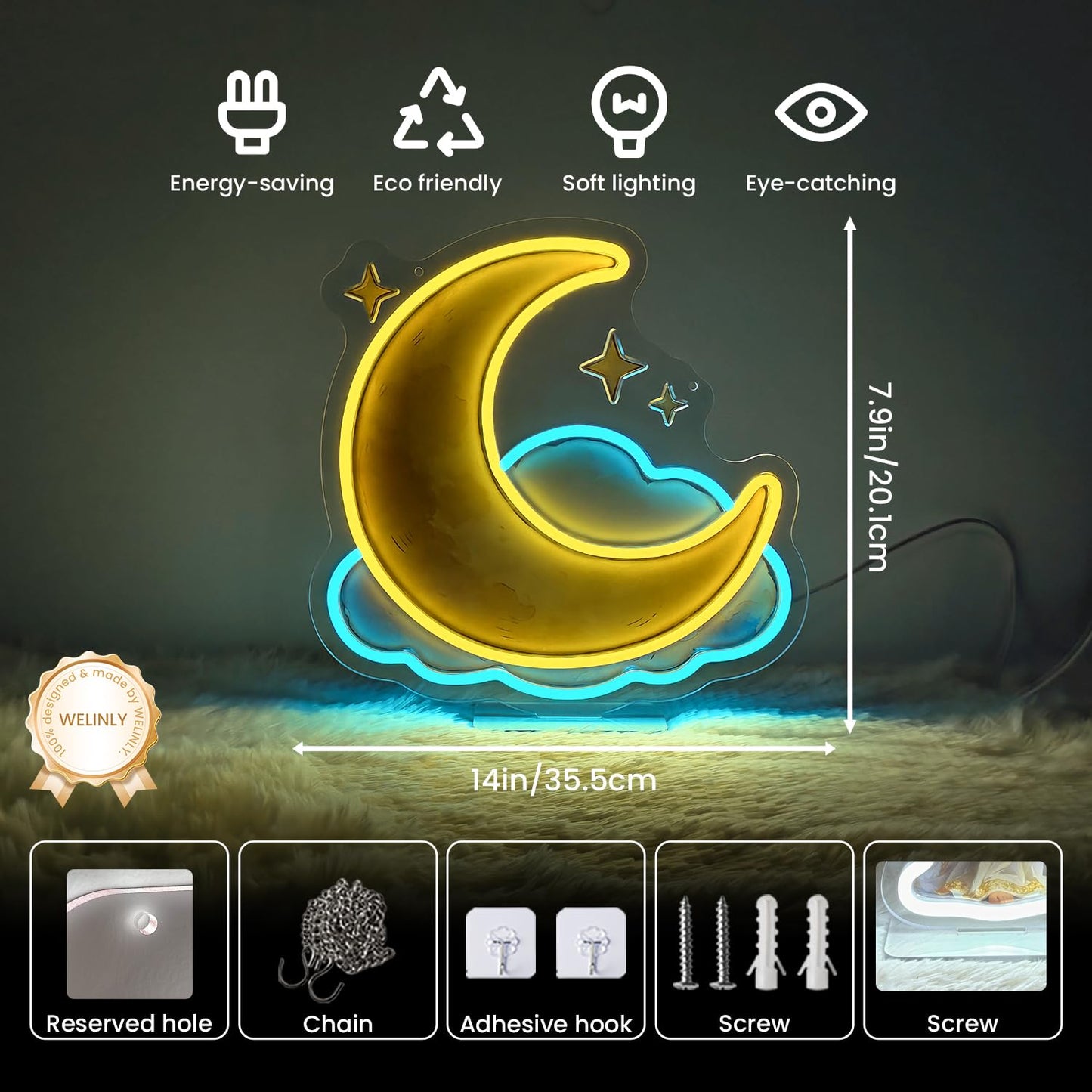 LED Moon Star Neon Sign Light Up Cloud Lights Lighted Starry Sky Neon Signs with Base for Bedroom Dorm Hallway Garage Bar Gaming Room Man Girls Cave Tabletop Wall Decor Art Gifts