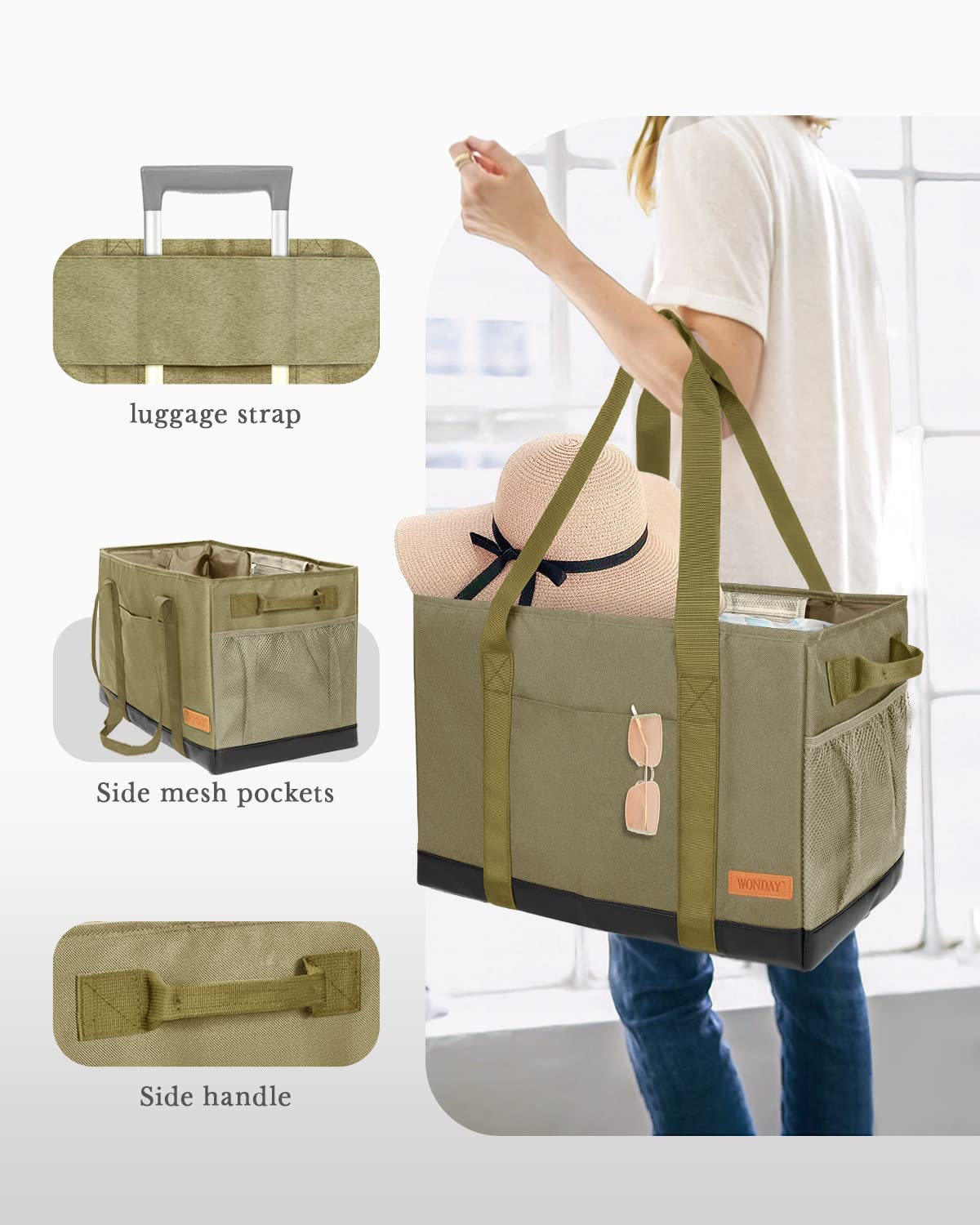 WONDAY Extra Large Utility Tote Bag - Standing Reusable Grocery Bag with Handle, Collapsible Storage Organizer for Shopping, Beach, Work