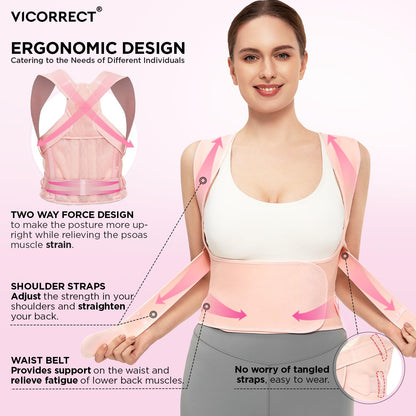 Vicorrect Posture Corrector for Women and Men: Back Support Brace Relieve Upper Back Shoulders Pain (Pink, Medium)
