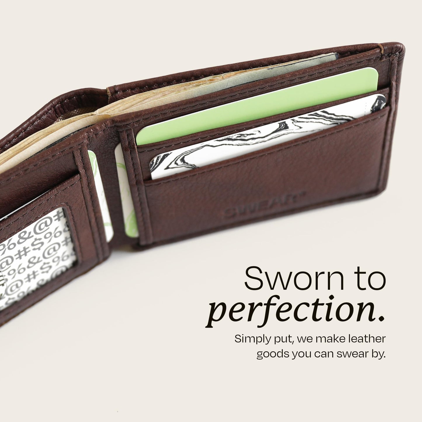 Swear Brands Full-Grain Leather Wallet for Men | Slim RFID Blocking Bifold Design with Cash Pocket & Card Pull Strap | Holds 1-12 Cards | Stylish & Durable | Walnut