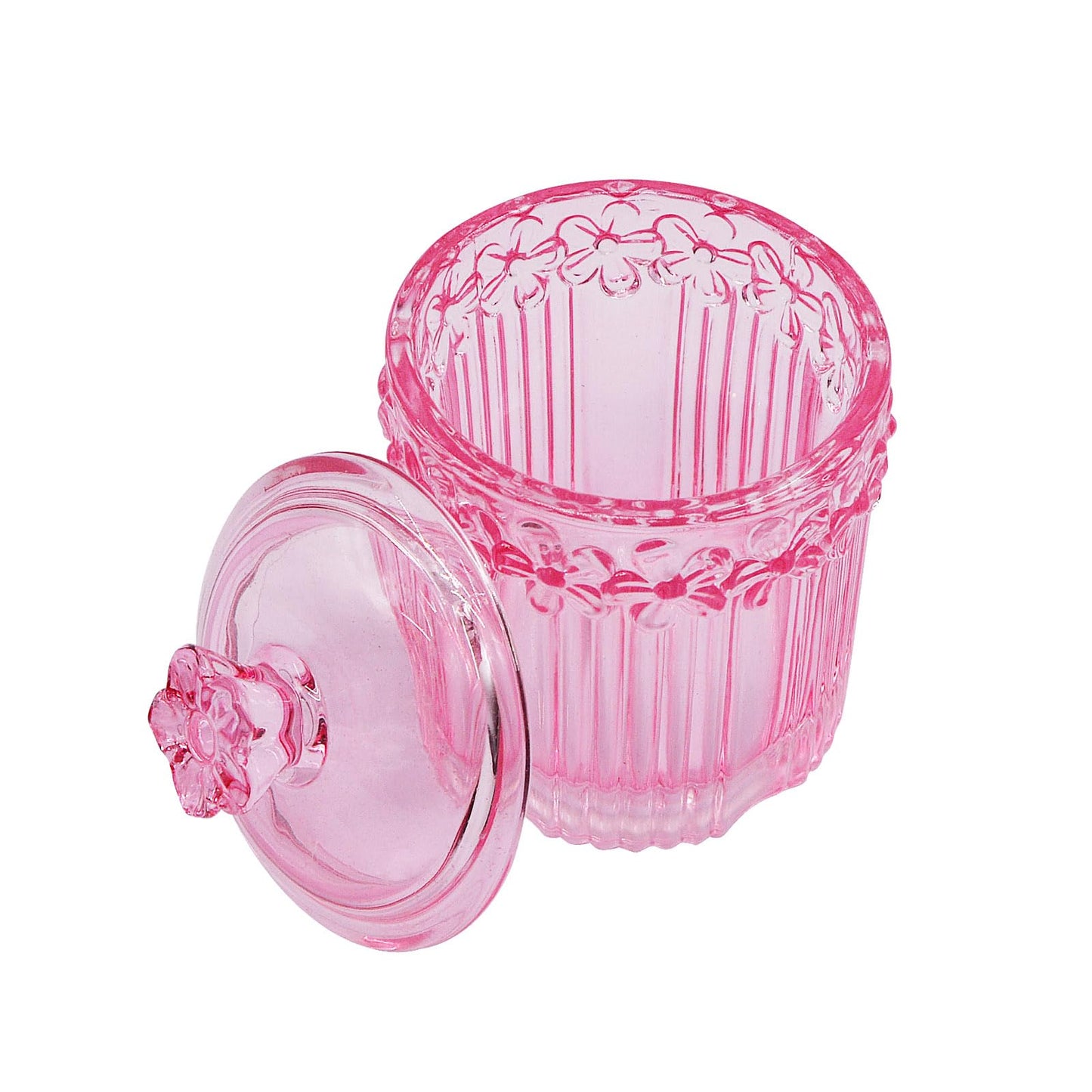 2 Pack Qtip Holder Glass Bathroom Storage Canisters for Cotton Rounds, Apothecary Jars with Lids, Cute Crystal Beauty Eggs Makeup Pads Dispenser, Candy Container Floss Organizers (Pink)