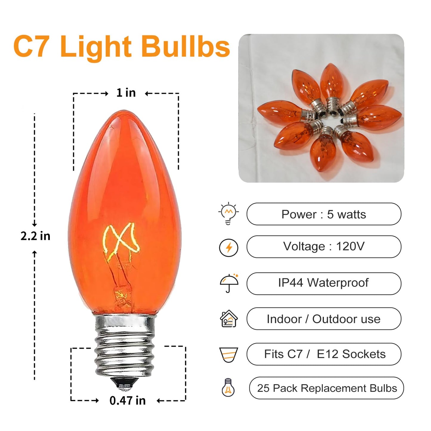 CHYSUPER 25 Pack C7 Replacement Bulbs, 120V 5W Orange Dimmable, E12 Base