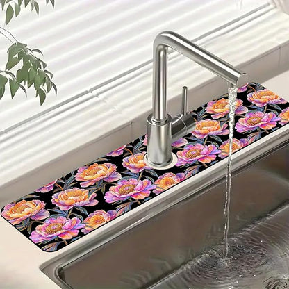 Colorful Peonies Sink Faucet Absorbing Mat Blooming Peonies Super Absorbent